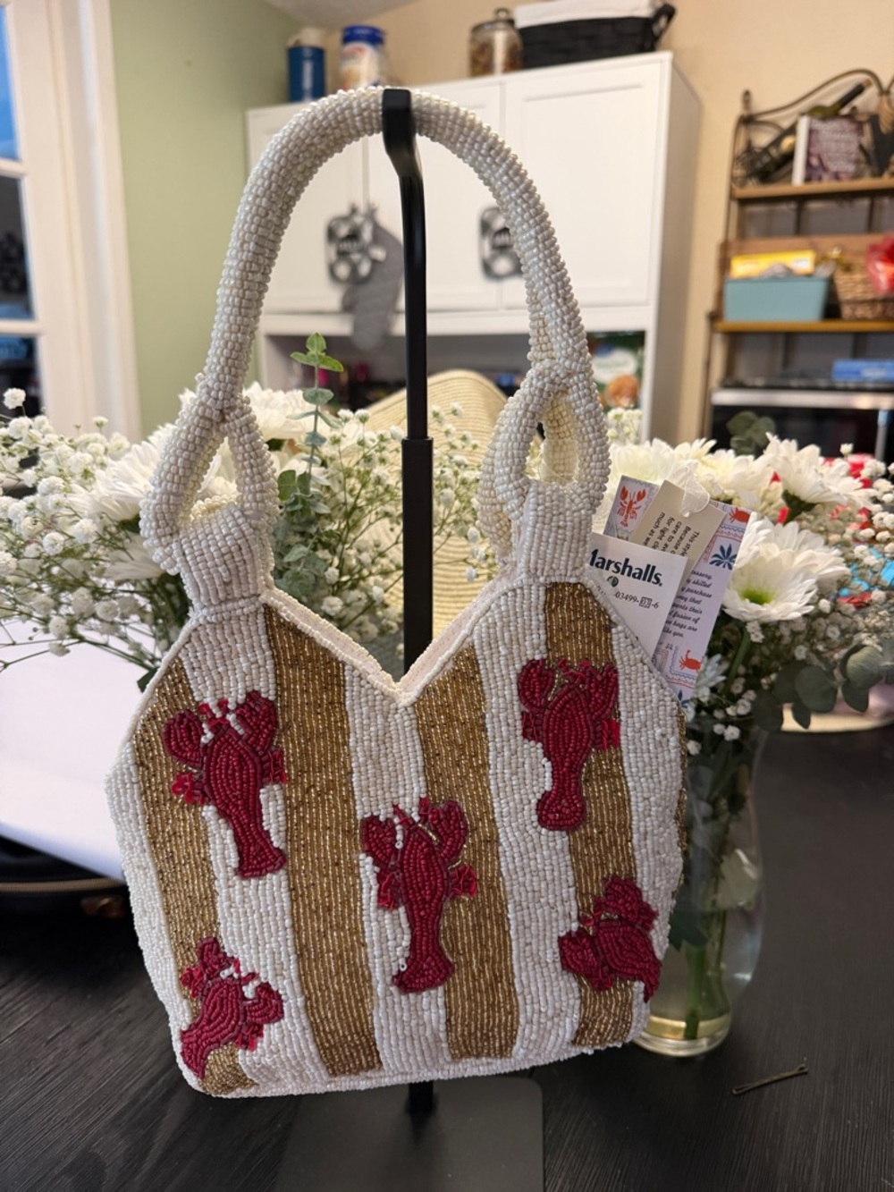 Marshalls Beaded Mini Tote in White, Gold & Red Lobster Motif - Picture 3 of 4